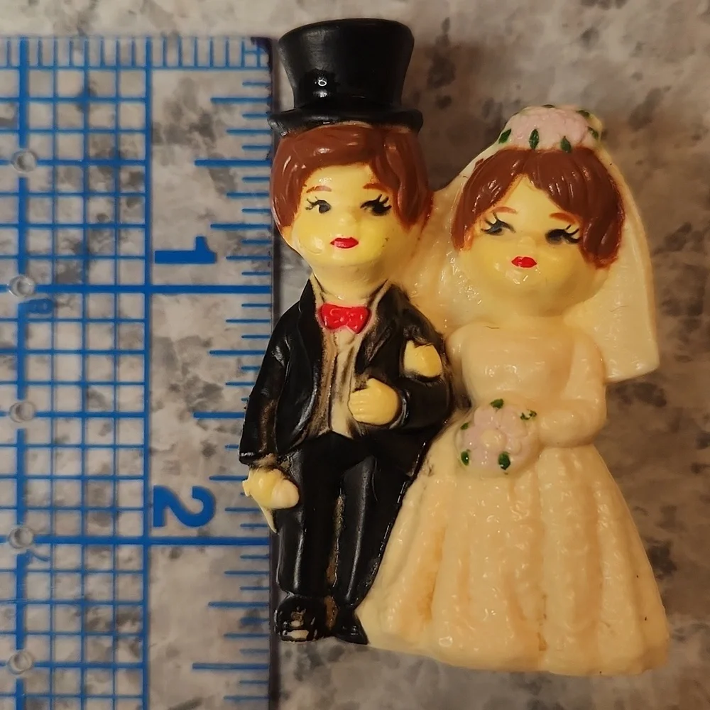 Vintage Mini Bride & Groom Cake Topper 2.25” Plastic Figurine